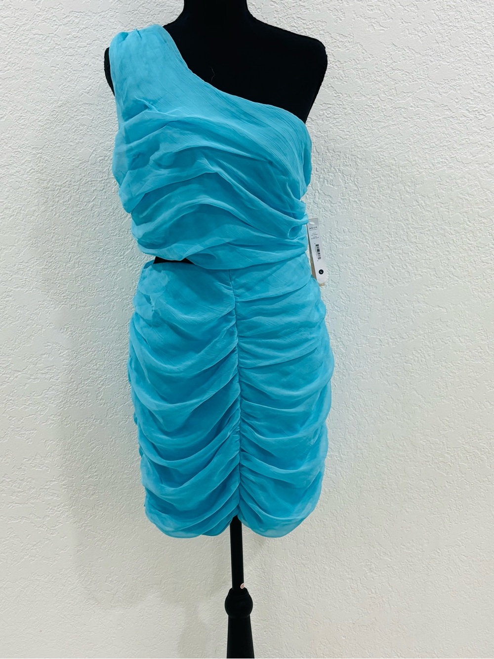 Aqua Turquoise One-Shoulder Ruched Mini Dress